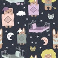 Seamless pattern illustration sleeping animals, moon, stars, slippers and bed